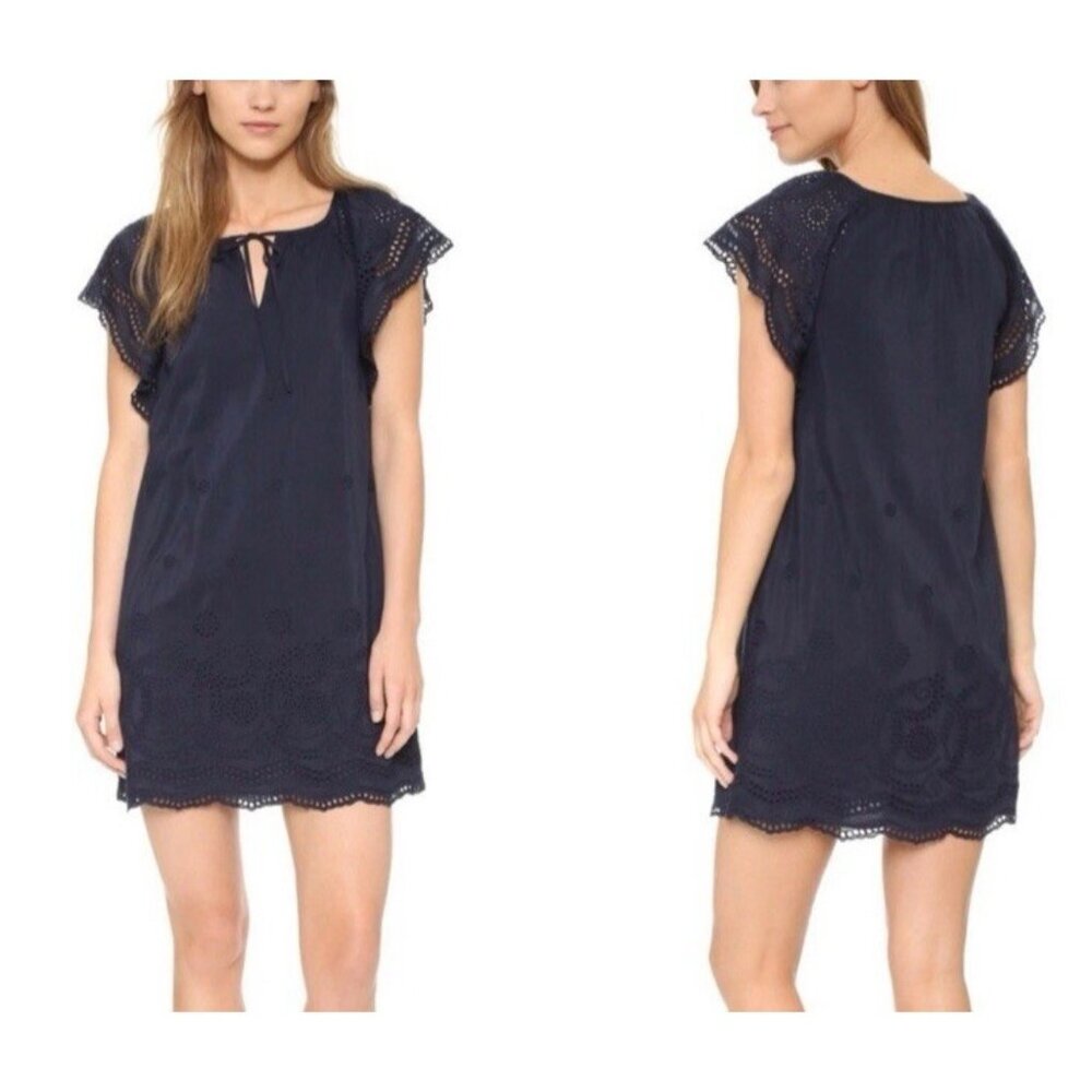 Madewell Dress Navy Blue Medium 6 8 10 Short Sleeve Embroidered Silk Cotton